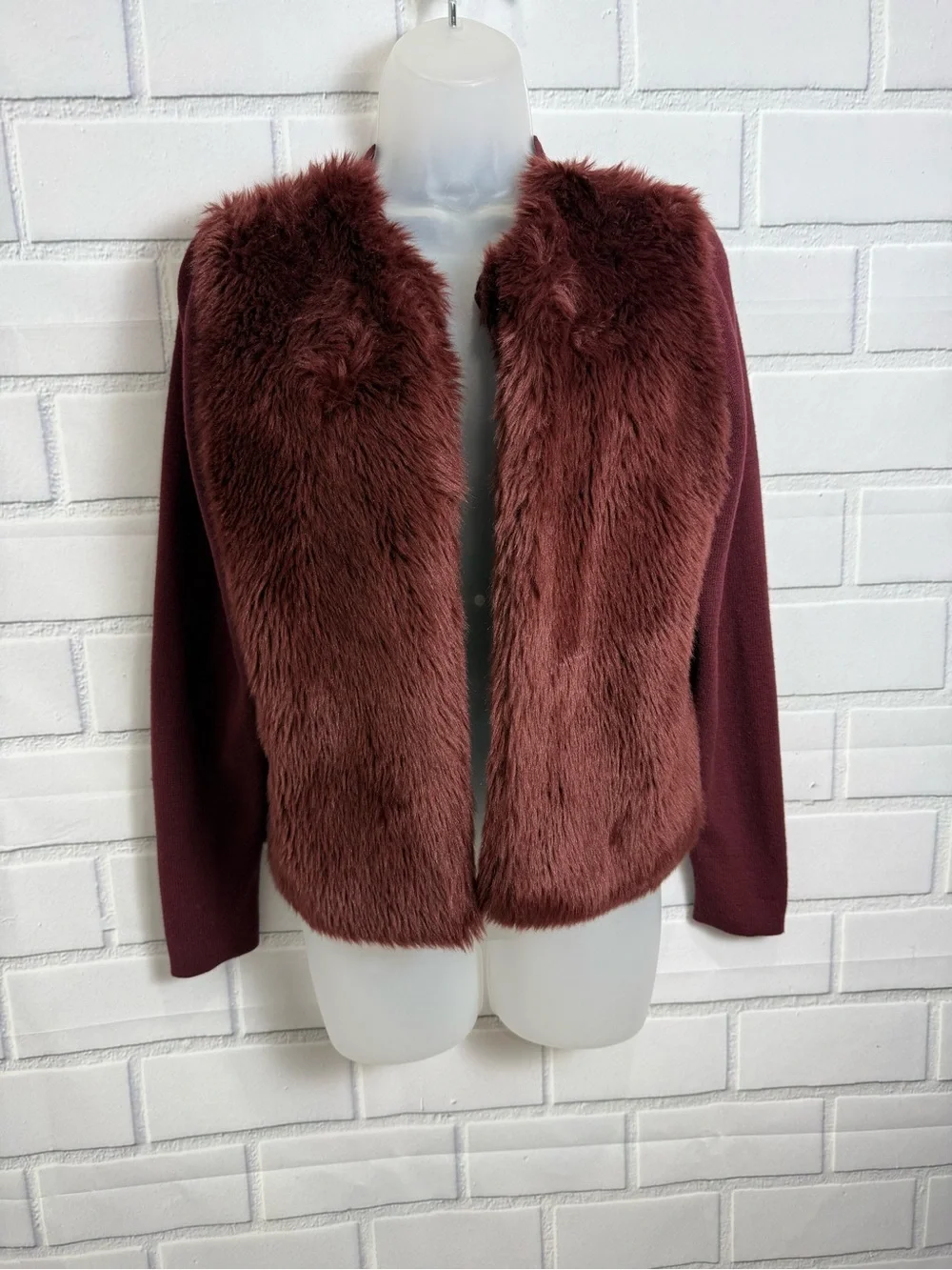 Banana Republic Burgundy Faux Fur Cardigan Jacket Size S Cozy Chic